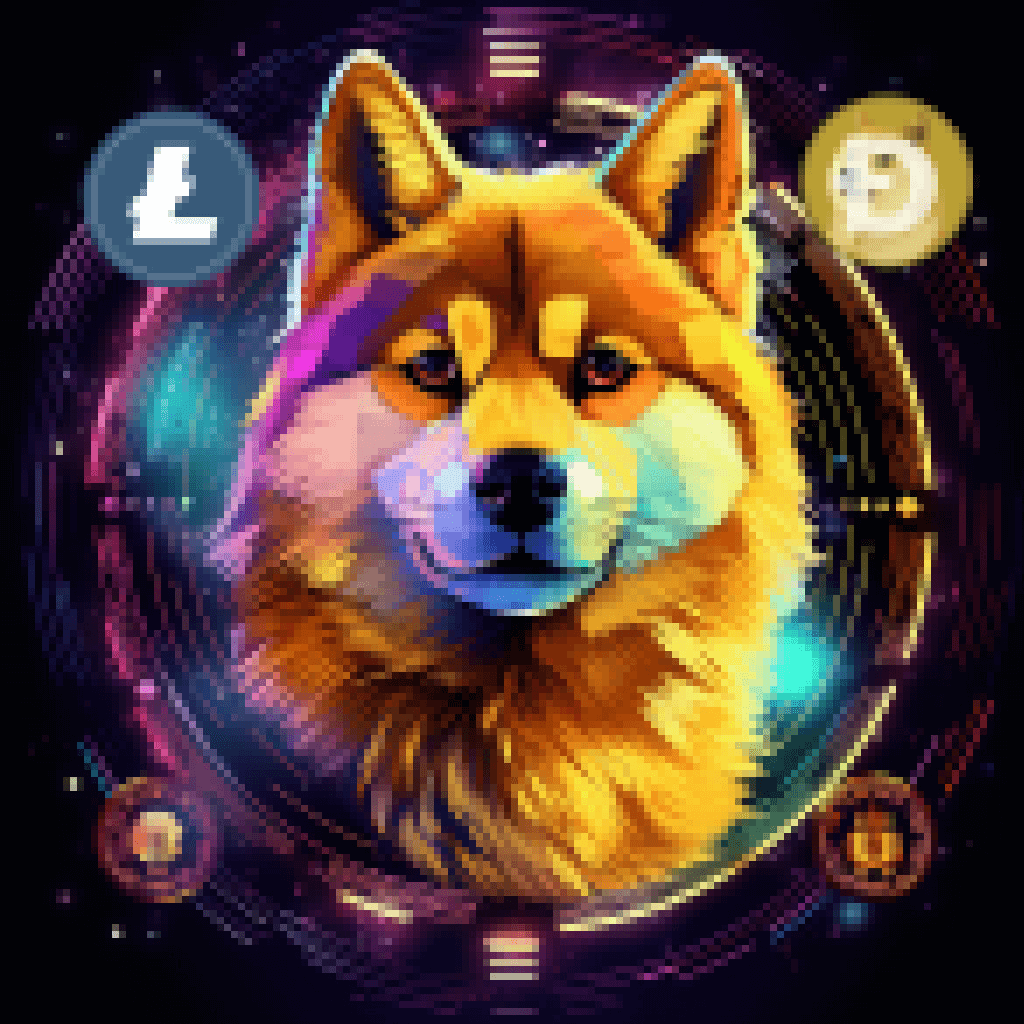 a dog in a circle with litecoin and litecoin symbols