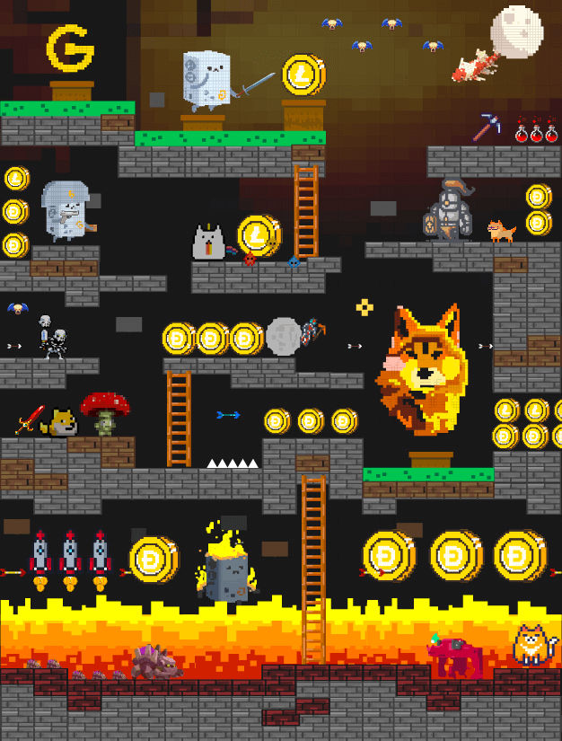 a video game screen with a cat and coins